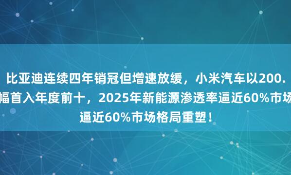 比亚迪连续四年销冠但增速放缓，小米汽车以200.9%惊人增幅首入年度前十，2025年新能源渗透率逼近60%市场格局重塑！
